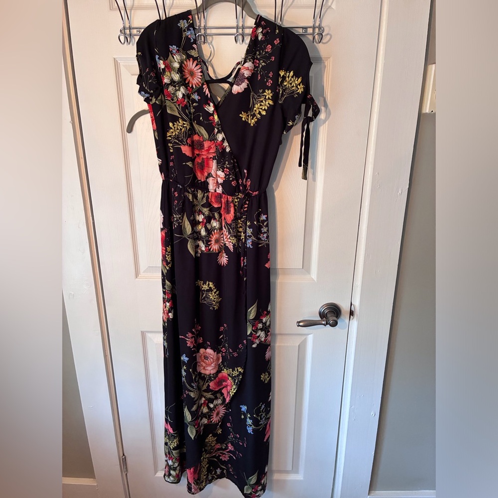 Maurices Black Maxi Dress with Pink, Red & Green Floral Print